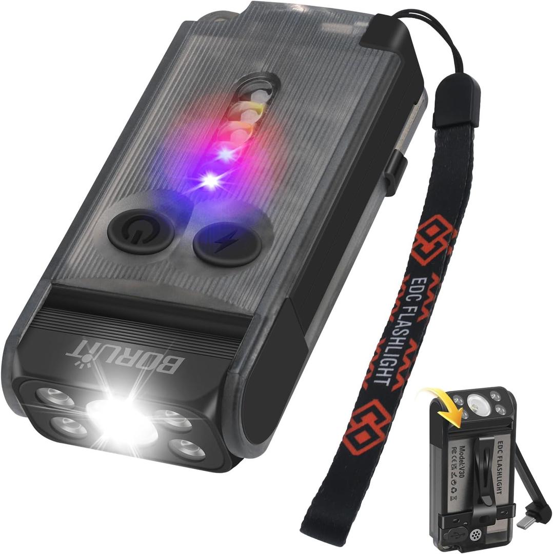 BORUIT V30 LED Small Powerful EDC Flashlight with Red and 365nm UV Light,180Rotation,USB A/C-C Rechargeable Pocket Flat Keychain Flashlight with Clip,120DB Buzzer,Power Bank Function(Black)