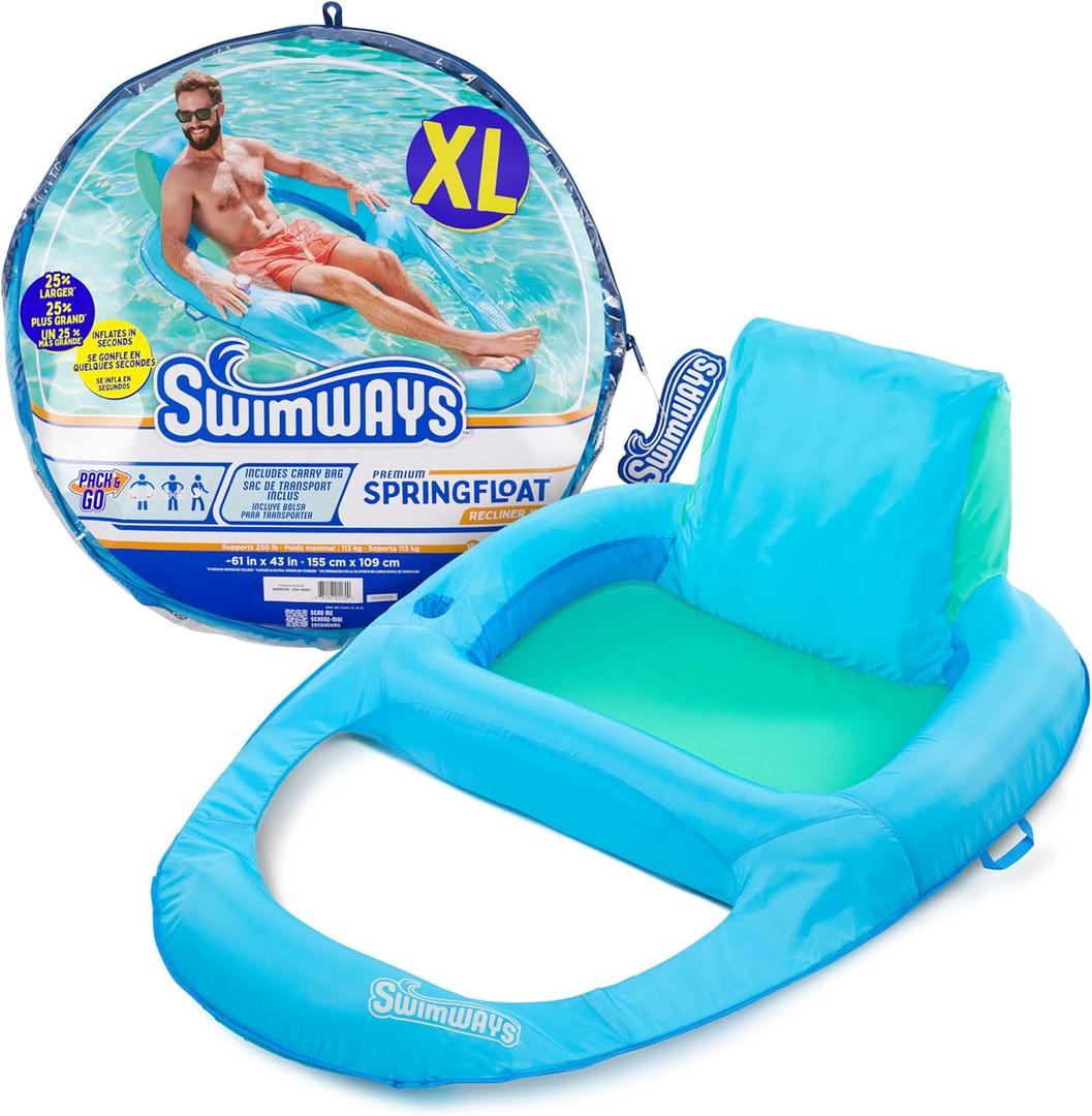 SwimWays Spring Float Premium XL Recliner Chair, Inflatable Pool Floats Adult with Fast Inflation, 25% Larger Than Recliner, Supports Up to 300 lbs