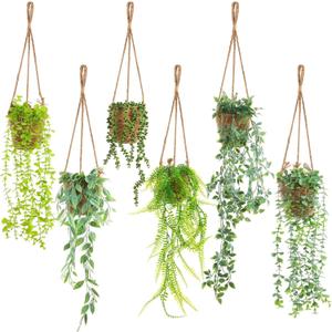 Giegxin 6 Set Mini Hanging Artificial Plant with Woven Basket Boho Fake Plants Ivy Faux Vines Eucalyptus Leaf for Indoor Home Wall Living Room Bathroom Shelf Decor (Artificial Hanging Plants)