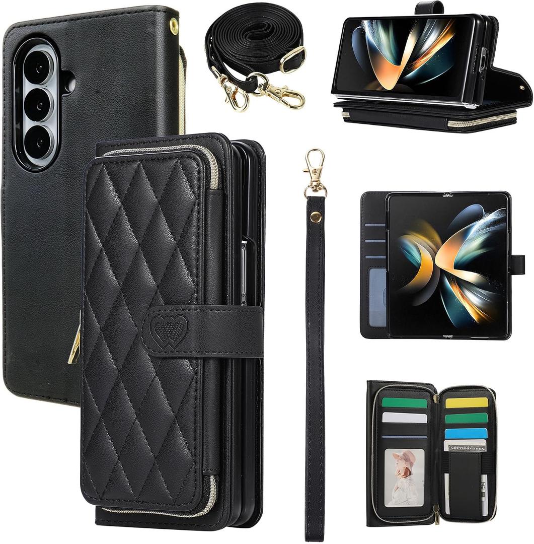 Wallet Case for Samsung Galaxy Z Fold 7 with Zipper Card Holder & Shoulder Strap & Wrist Strap, Crossbody Purse Handbag Stylish Protective Cover for Galaxy Z Fold 7 -Black
