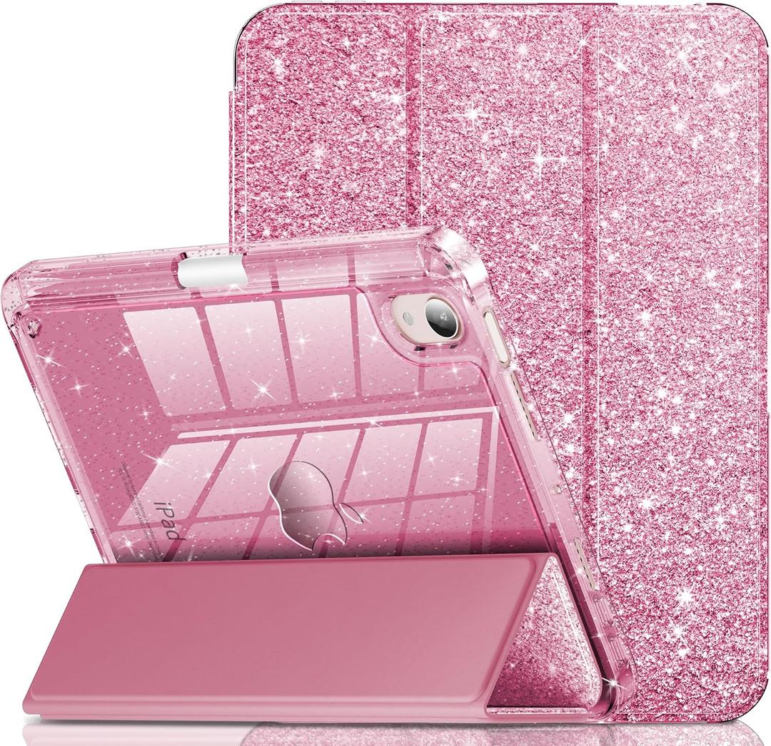 INFILAND for iPad mini 7 Case (A17 Pro), iPad mini 6 Case, iPad mini 7th/6th Generation Case 2024/2021 8.3 Inch, Glitter Cute Protective Clear Cover with Pencil Holder for Kids Girls, Pink (Rose red)
