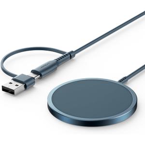 JSAUX Charger for iPhone 17 Magsafe Wireless Charging, Compatible with iPhone 17 Air Pro Max/16/15/14/13/12 Series, Magnetic Mag Safe Charging Pad, Aluminum Alloy, USB & USB C Dual Ports - Blue