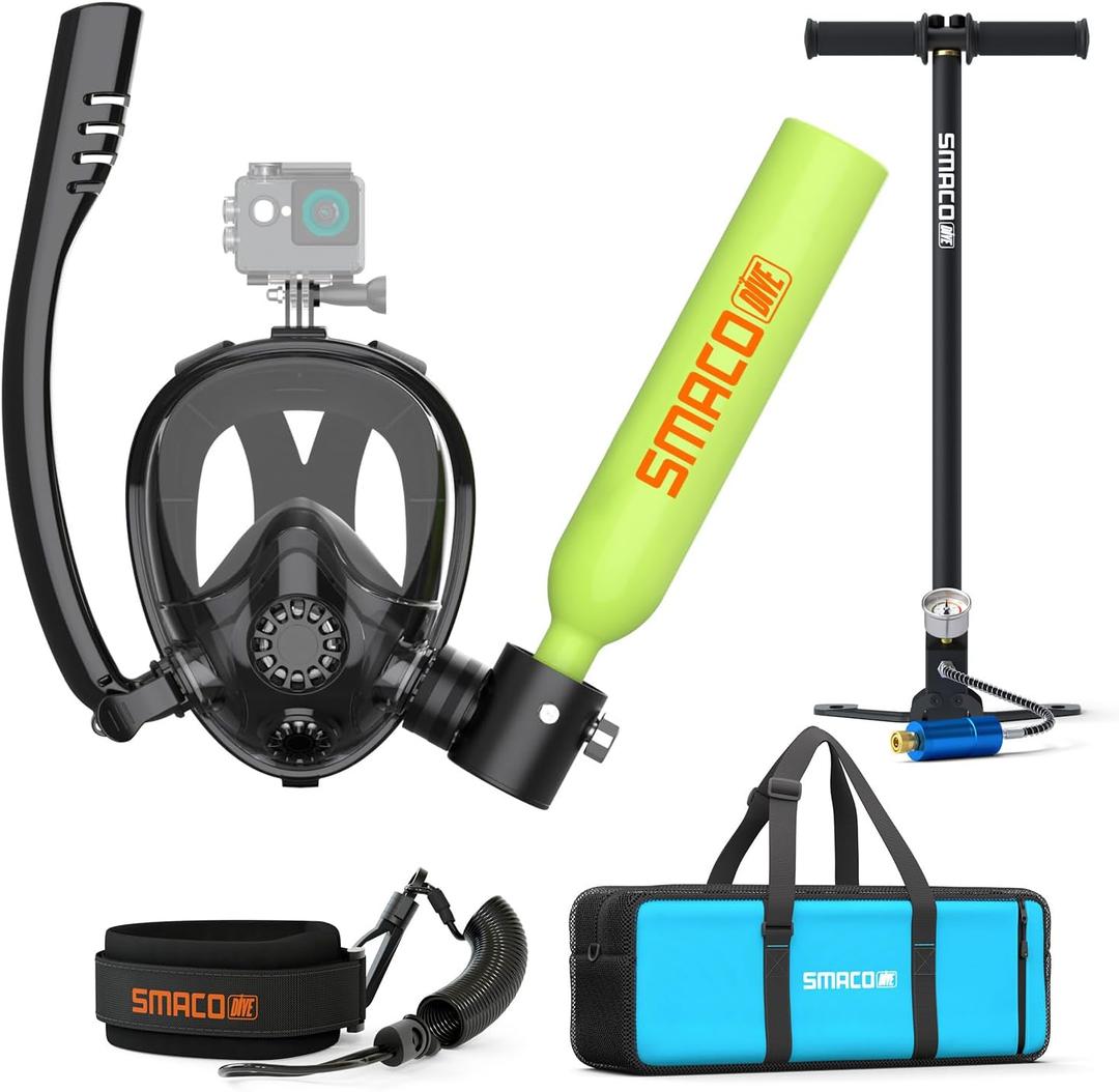 SMACO Mini Scuba Tank with Full Face Mask 0.5L Diving Tank Support Underwater Breath Support 30ft of Diving Depth, Portbale Pony Bottle with Hand Pump for Shallow Water Diving Emergency Rescue