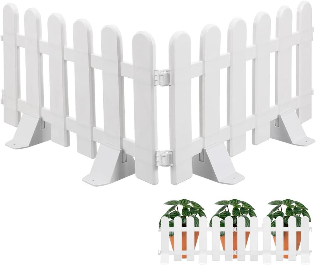 SUPVOX White Plastic Garden Fence with 4 Bases Decorative Courtyard Picket Fence for Lawn Flower Beds Tree Borders Indoor Outdoor Landscape Edging