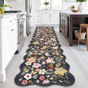3x12 Extra Long Runner Rug for Hallway - Machine Washable Non-Slip with Rubber Backing Floral Carpet for Entryway,Kitchen,Bedroom - Low Pile Soft Thin Indoor Floor Mat with Scalloped Edges(Black,3x12)