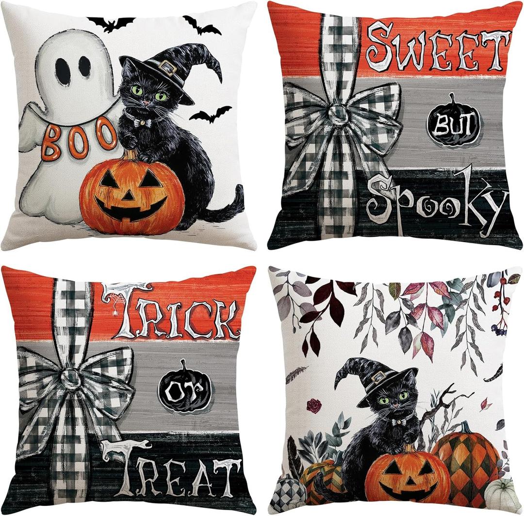 Artscope Halloween Decorative Throw Pillow Covers 20x20 Inch Set of 4, Ghost Trick or Treat Pumpkin Sweet But Spooky Outdoor Farmhouse Pillow Cases for Home Sofa Couch-Orange