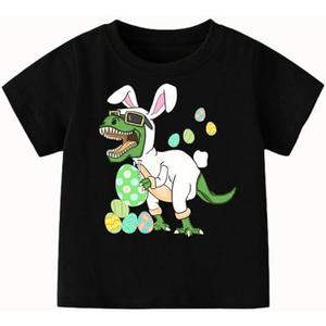 Boys Easter Shirts Cotton Bunny T-Shirts Dinosaur Rabbit Eggs Casual Short Sleeve Tee Size 5-6 Black