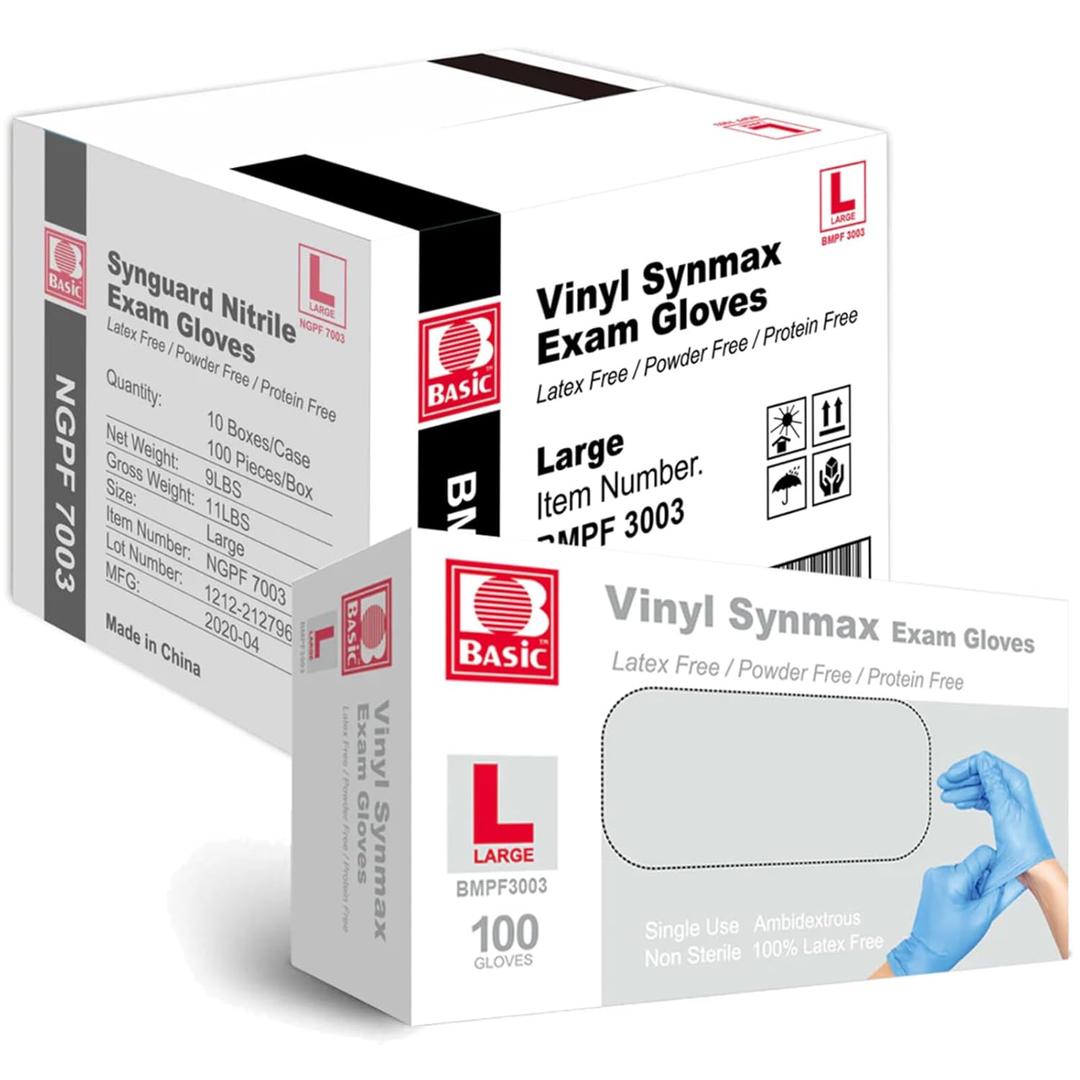 Jointown Basic Medical Synmax Vinyl Exam Gloves - Latex-Free & Powder-Free - Large, BMPF-3003(Case of 1,000)