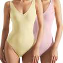 SUUKSESS Women 2 Piece Thong Bodysuit Sexy V Neck Backless Sleeveless Tank Tops (Pack (Yellow & pink)), XS
