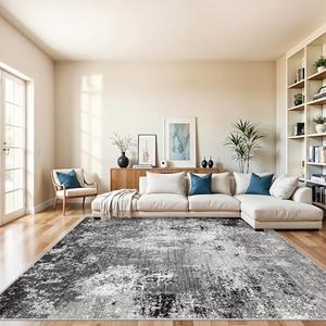 10x10 ft Square Living Room Rug – Washable Modern Abstract Area Rug for Bedroom, Dining Room, Playroom – Neutral Non-Slip Low-Pile Thin Indoor Carpet (Black Grey,10x10)