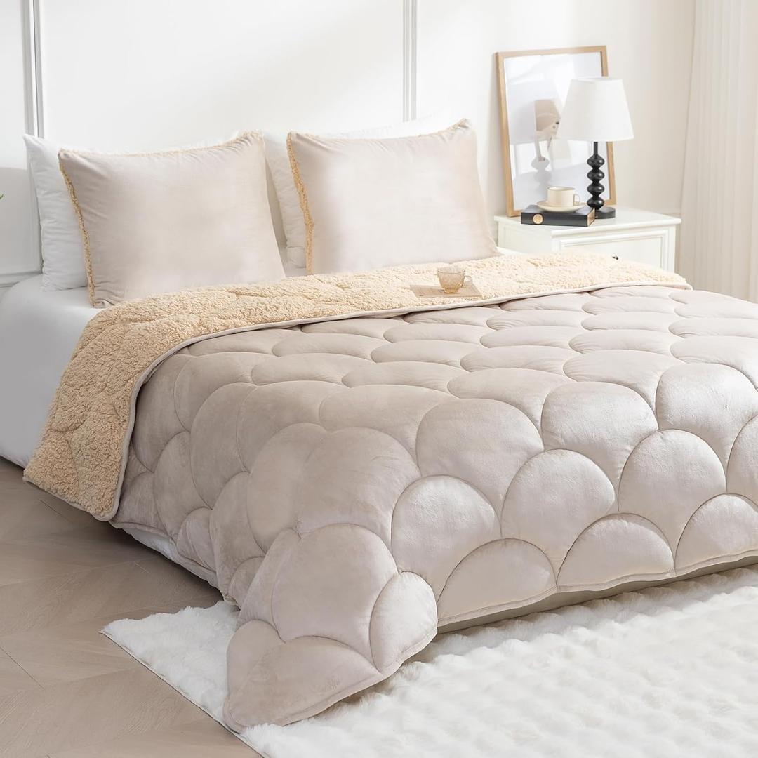 Sherpa Comforter Set Queen Size 80 * 80", All Season Soft Warm Fleece Spring Fall Blanket Filled with Lightweight Microfiber, Winter College Dorm Bedding Sets with 2 Pillow Sham