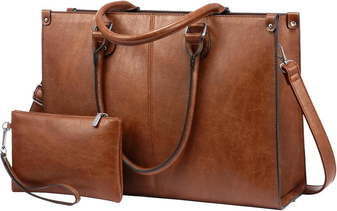 LOVEVOOK Laptop Tote Bag for Women, 17.3 Inch Professional Work Bag with Matching Clutch, Waterproof Vintage Leather Computer Tote for Office, Business Travel & Daily Use, Gift for Women