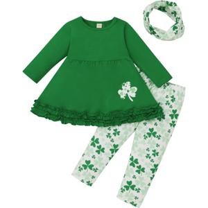 Toddler Girls St.Patrick's Day Outfits Flare Tunic Ruffle Dress Shirt Shamrock Print Pants with Scarf Sets (3-4T, Green)