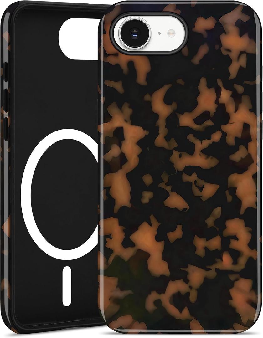 Jusy Compatible with MagSafe Brown Tortoise Shell Print Phone Case for iPhone 16e/17e, Amber Trendy Luxury Magnetic Soft TPU and Hard PC Protective Phone Cover for Women Girls