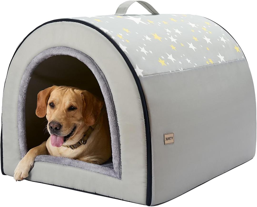 Jiupety 2 in 1 Dog House Indoor, Comfy Cave Bed Covered Dog Bed, Portable House for Large Dogs, 3XL(39"32"28"), Up to 90 Lb, Grey