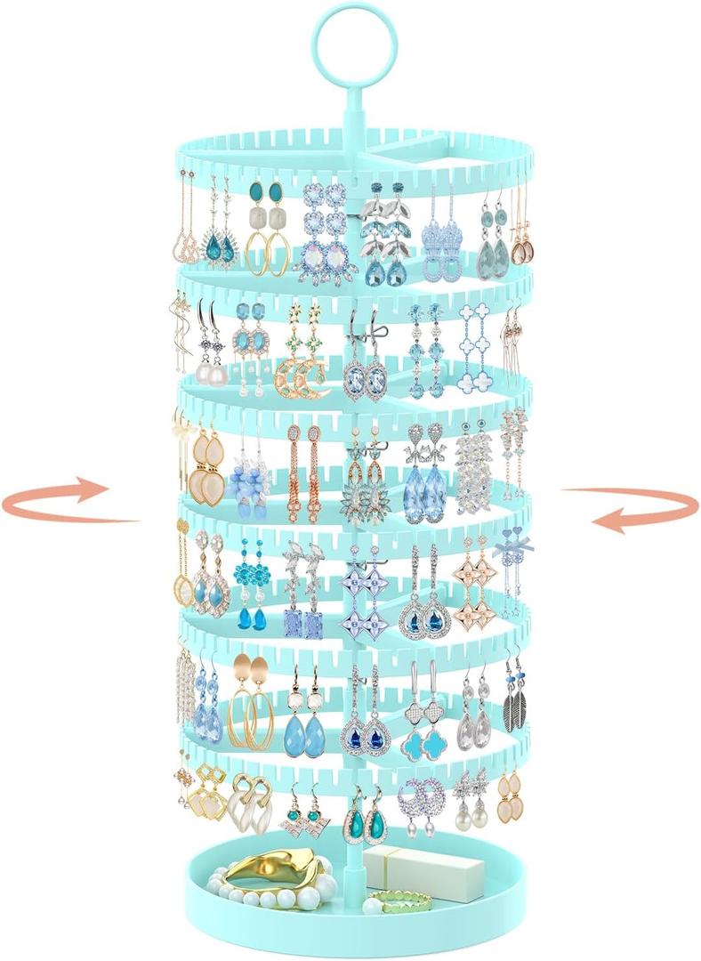 iDavosic.ly 6 Tier Rotating Earring Holder Organizer with Metal Tray, Adjustable Plastic Dangle Display Stands Tree with 342 Grooves, Large Hoop Storage Rack Tower, Blue
