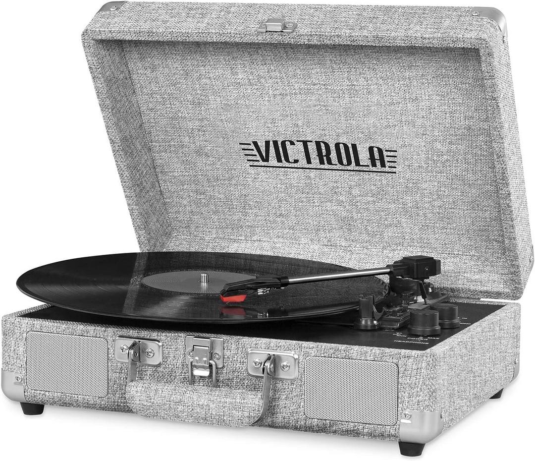 Victrola Journey Bluetooth Portable Suitcase Record Player with Built-in Speakers, 3 Speed Vinyl Record Player, RCA Out, Headphone Jack (Light Gray)