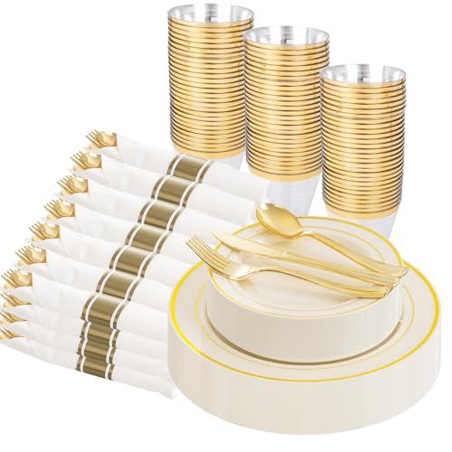 WELLIFE 210PCS Ivory Plastic Plates for 30 Guests - Gold Plastic Plates, Platos Para Fiestas Elegantes Desechables, Disposable Plate for Party and Wedding