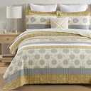 Homzard Quilt King Size-Comforter King Quilt Bedding Set,Mustard Yellow Beige Grey All Cotton Quilted Bedspread,Striped Floral Pattern Bedding Set,Lightweight Reversible 3 Piece,All Seasons (King (106"x98"))