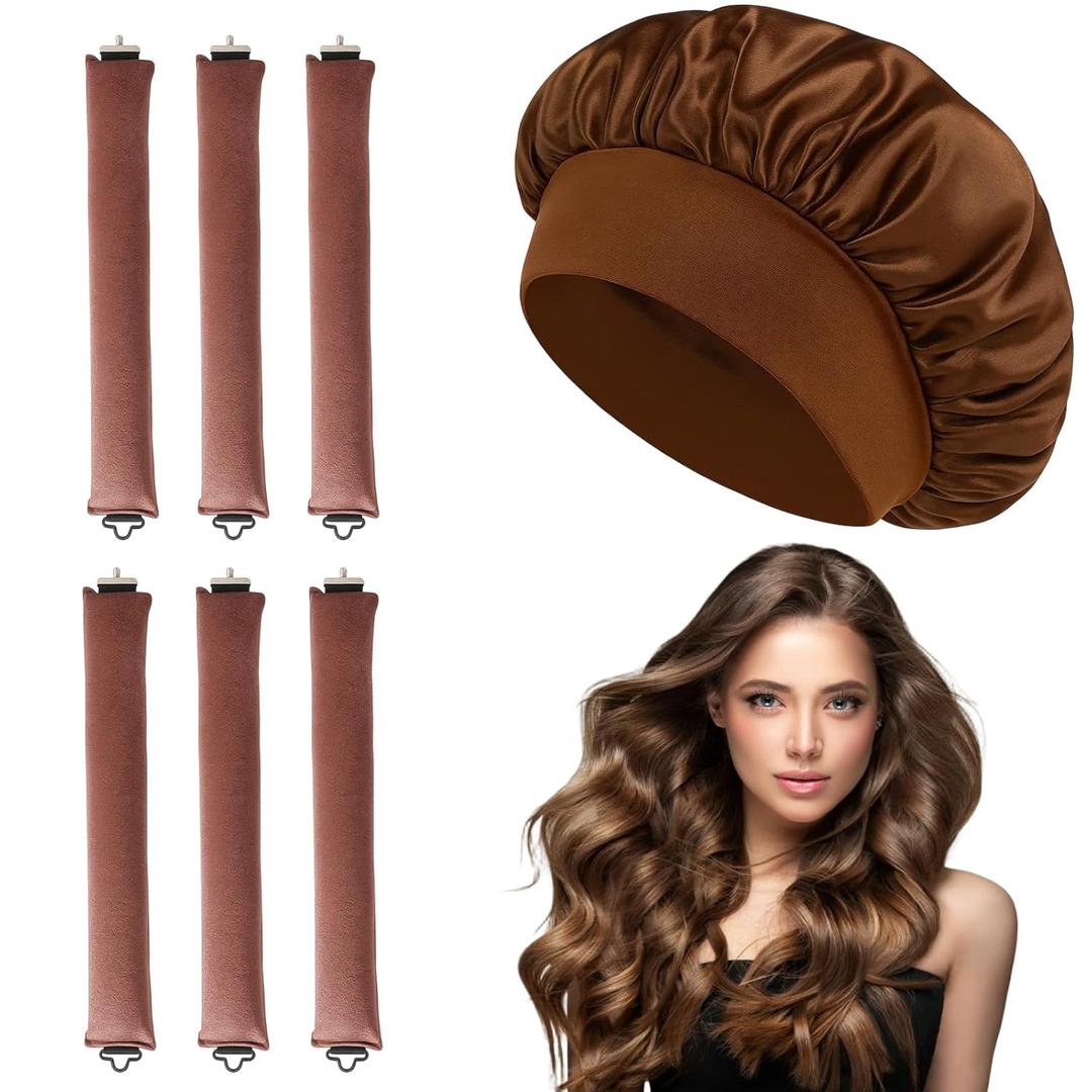 7 Pcs Jumbo Flexi Rods for Big Curls, Non Heat Hair Curlers for Overnight Curls, Blow Out Rods with Sleep Cap, Six Brown Non-Heat Curling Rods And One Coffee-Colored Sleeping Cap