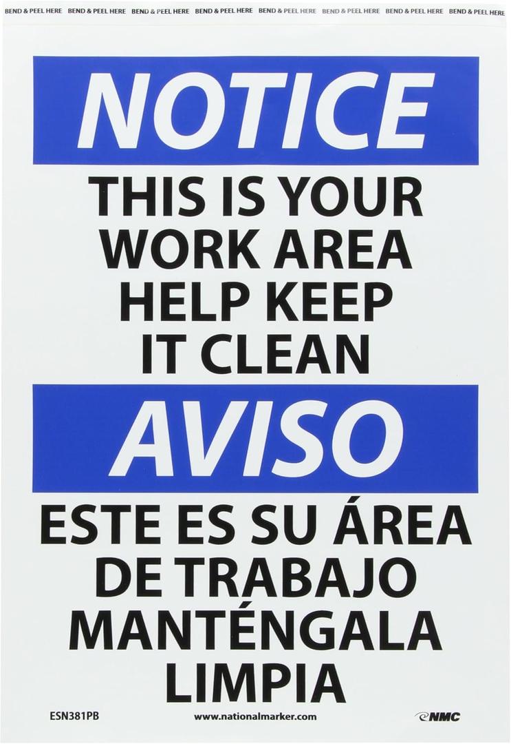 NMC ESN381PB Bilingual OSHA Sign, Legend "NOTICE - THIS IS YOUR WORK AREA HELP KEEP IT CLEAN", 14" Length x 10" Height, Pressure Sensitive Adhesive Vinyl, Black/Blue on White