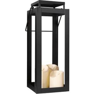 12.4" Black Metal Modern Candle Lantern  Decorative Hurricane Lantern for Indoor & Outdoor Use, Ideal for Table, Black Lantern for Mantle, Halloween, Christmas, and Wedding Decor (No Glass Panel) (Medium)