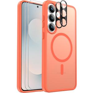 Ezanmull for Samsung Galaxy S25 FE Case Magnetic Shockproof, [Fit for MagSafe] [Glass Screen Protector + Camera Lens Protector] Translucent Anti-Fingerprint (Orange)