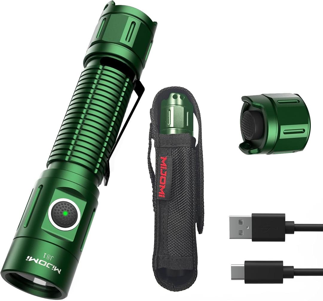 J81G Tactical Rechargeable Flashlight with Holster, 1300 Lumen Super Bright IP68 Waterproof Dual Button Flashlight for Tactical Games Outdoor