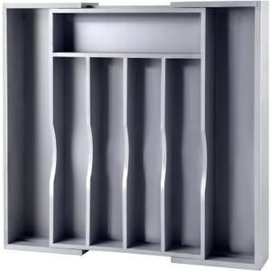Expandable Bamboo Kitchen Drawer Organizer for Cutlery and Utensils, Adjustable Bamboo Wood Cutlery Tray in Drawer for Flatware and Silverware in Kitchen, (Grey) (7 Slots Expandable, Grey)