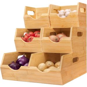 HOMESTEAD 3-Tier Bamboo Pantry Storage Bins – Stackable Potato & Onion Storage Bin with Handles, Fruit Basket & Produce Organizer for Kitchen Countertop, Pantry Organization, Set of 5