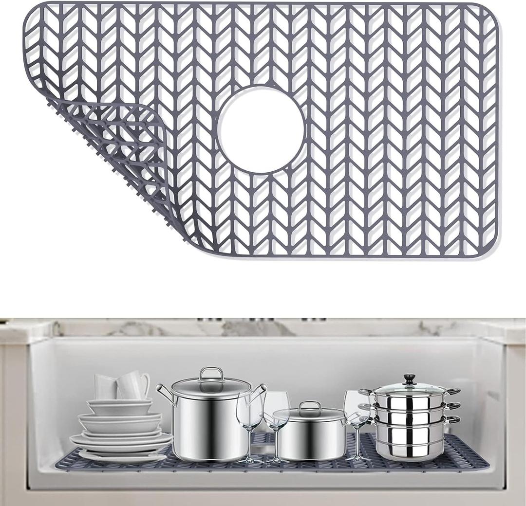 AWOKE Sink Protectors for Kitchen Sink - 26"x 14" Sink Mat - Heat-resistant Easy-clean Silicone Sink Mat - for Protection of Stainless Steel Sink - with Center Drain (Grey),Kitchen Sink Accessories