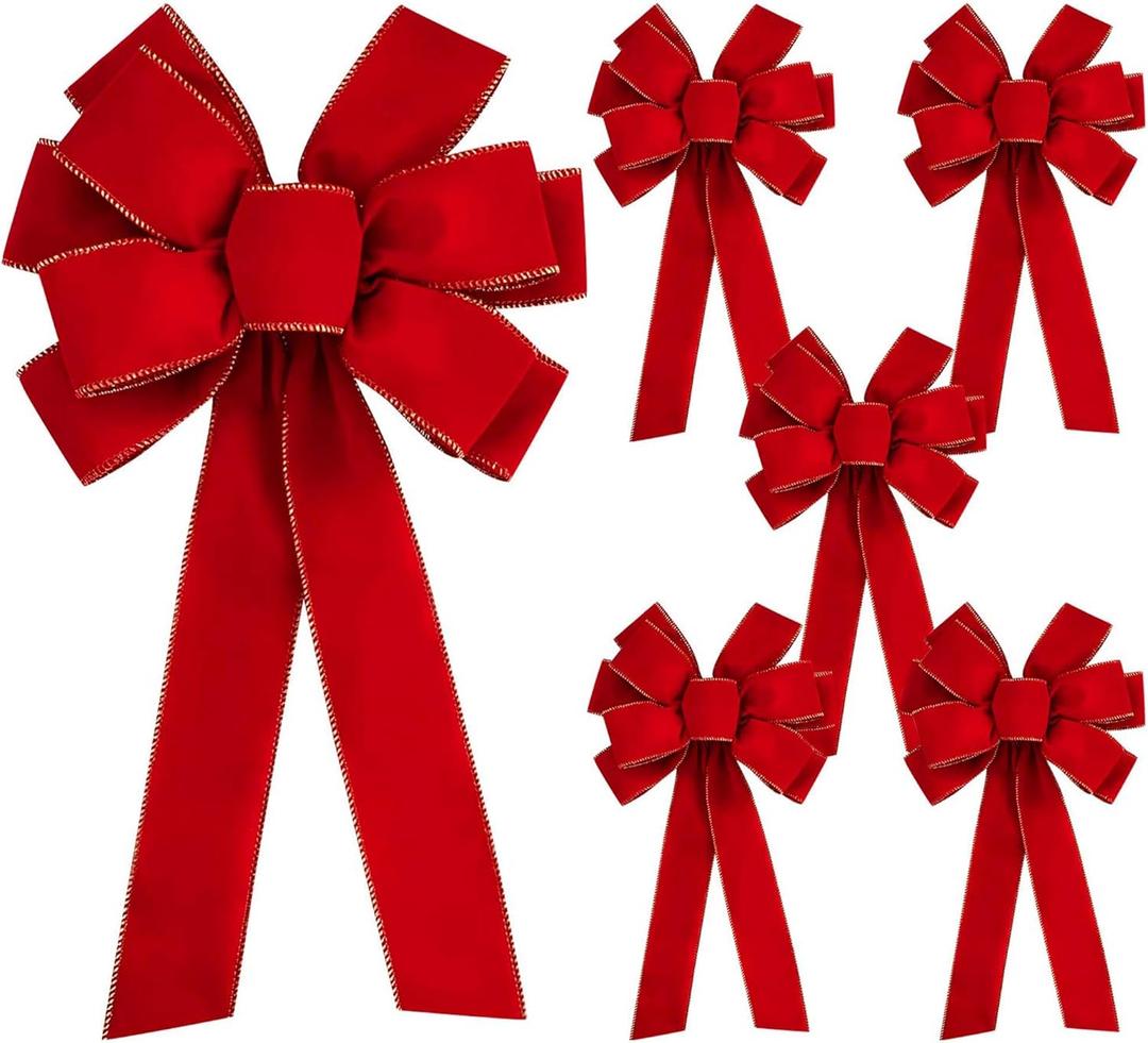 Iceyyyy 6 PCS Large Christmas Bow - 30.7" x 10.6" Christmas Valentine's Day Golden Edged Red Velvet Wreath Bow Christmas Tree Topper Ornament Bow for Christmas Home Wreath Tree Decoration