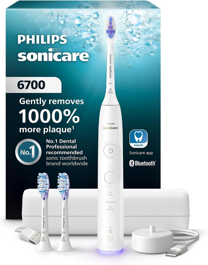 Philips Sonicare 6700 Series Electric Toothbrush - Next-Generation Sonicare Technology, Pressure Sensor, 9 Brushing Settings, SmarTimer, BrushPacer, 21-Day Runtime, Travel Case, White, HX7410/07