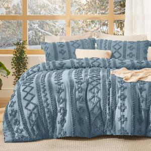 Bedsure Tufted Boho Comforter Set King Size - Grayish Blue Boho Bed Set, GentleSoft 3 Pieces Farmhouse Shabby Chic Embroidery Bedding, Gifts for Woman, Soft Jacquard King Comforter for All Seasons (21 - Grayish Blue - Elegant)