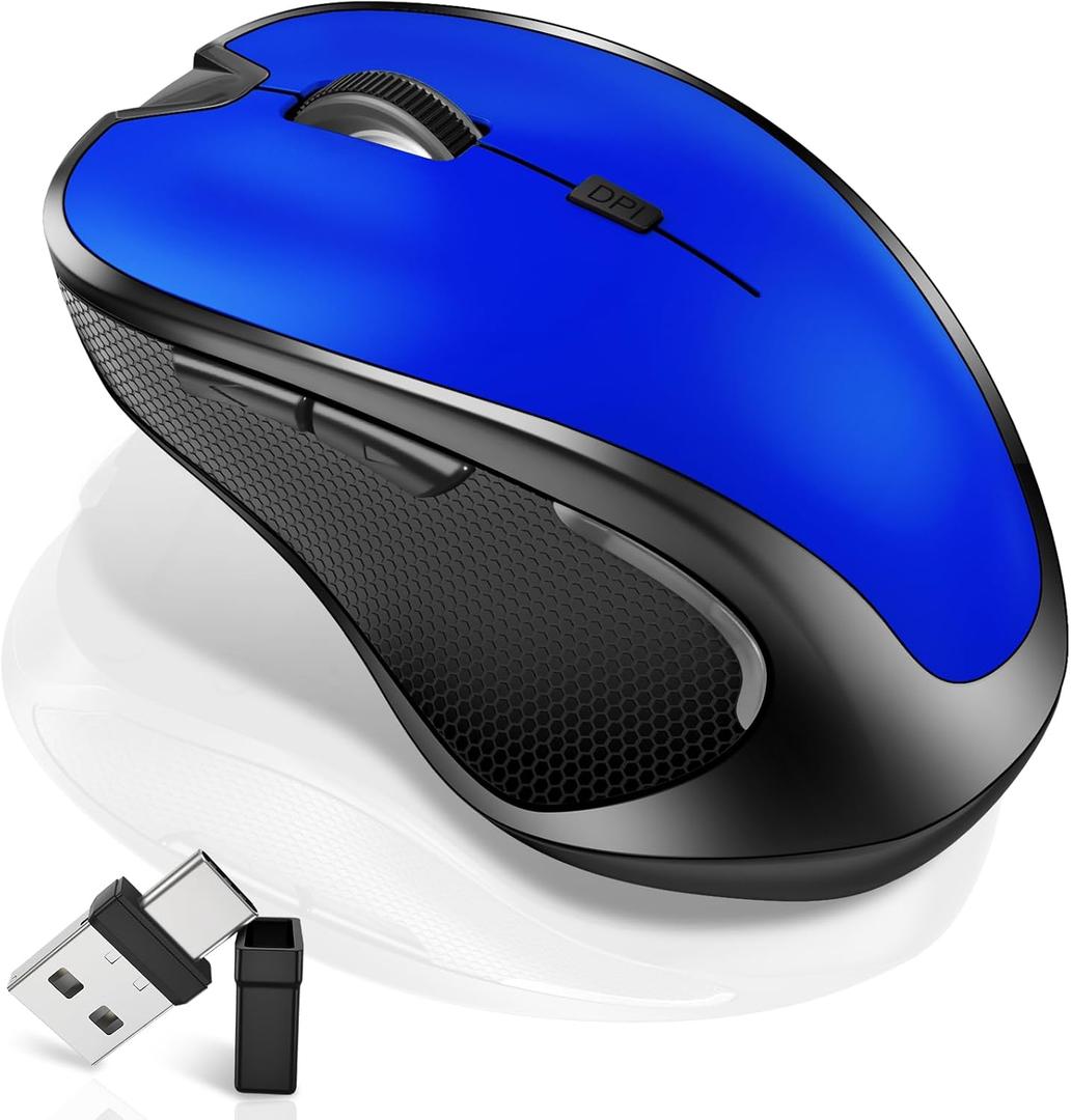 Mouse for MacBook Wireless Bluetooth Mouse Laptop MacBook Air Mac Pro Rechargeable Silent PC iPad Optical Mouse with Jiggler Dual Mode Switch Bluetooth 5.2/3.0 and 2.4GHz USB Type-C Receiver Blue