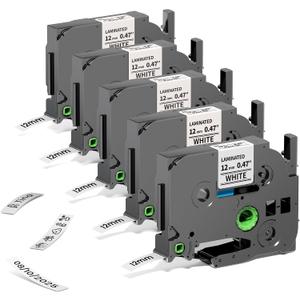 TZe TZ Tape 12mm 0.47 Laminated White, Replace for Brother Label Maker Tape P Touch Label Tape TZe-231 1/2" for Brother Ptouch PT-D220 D210 H110 D200 D400 1280 D610BT Refills, 5-Pack