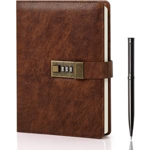 WEMATE Diary with Lock, A5 PU Leather Journal with Lock 240 Pages, Vintage Locks Journal Password Notebook with Pen, Locks Diary Planner Organizer for Men and Women, 8.6x5.8in Brown