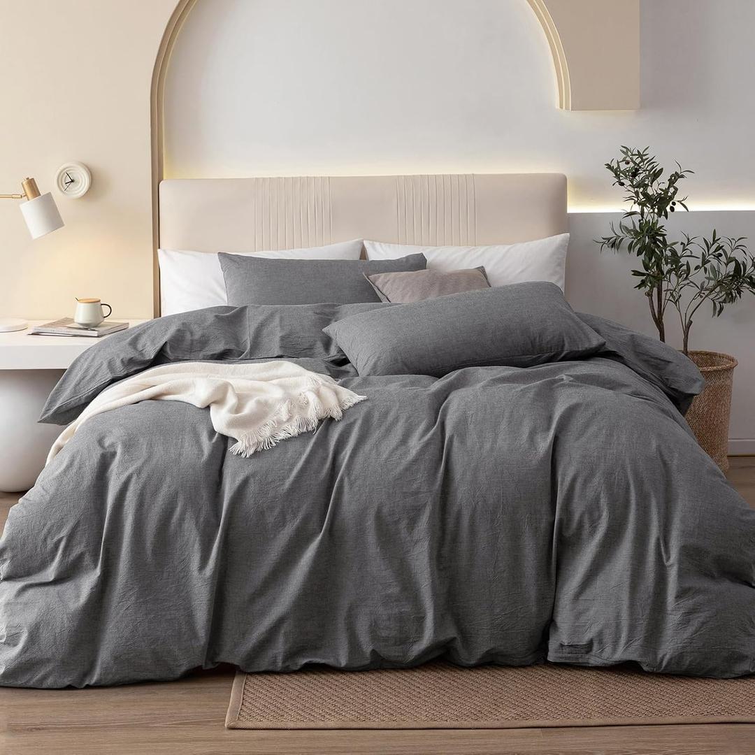 JIYUAN Oversized Queen Duvet Cover Set, 3-Piece - 100% Washed Cotton, Linen-Like Soft & Breathable with Zipper Closure, Includes 98x98 Inch Cover & 2 Pillowcases, Heathered Dark Grey