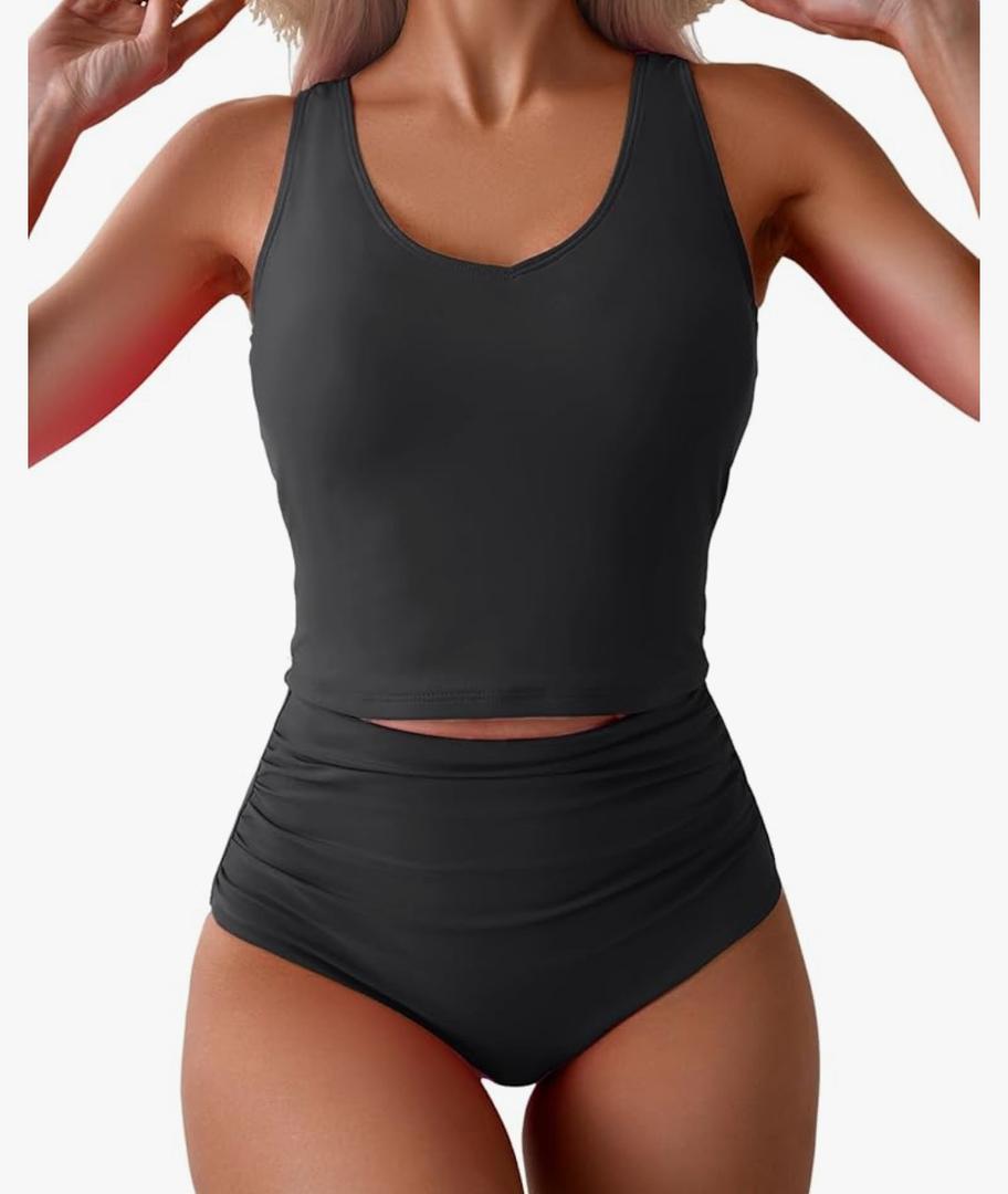 Eomenie Two Piece Tankini Swimsuits for Women Tummy Control Bathing Suits Cutout Back Swim Tank Top with High Waisted Bottom, Etxra Large, Black
