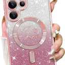 Fiyart Designed for Samsung Galaxy S24 Ultra Case,Compatible with MagSafe Love Heart Plating Camera Protection Clear Glitter Magnetic for Women Girls Shockproof Phone Cover Bumper 6.8"-Pink