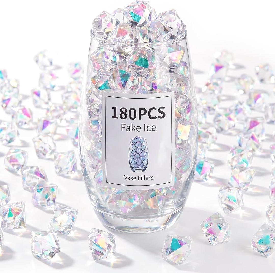 FUTUREPLUSX 180PCS Iridescent Fake Ice Rocks Clear Acrylic Fake Ice & Plastic Gems for Vases, Table Scatter & Gems/Jewels for Crafts, Wedding Centerpieces, Fish Tank & Home Decor