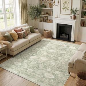SIRIS 6x9 Washable Area Rug, Symmetrical Botanical Floral Vintage Living Room Rug, Low-Pile Non-Slip Floor Mat, Cozy Soft Muted Tone Carpet for Bedroom Nursery Dining Room Office, Sage Green