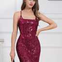 Women's Spaghetti Straps Sparkly Sequins Bodycon Mini Dress Party Nightclub (Red, XS)