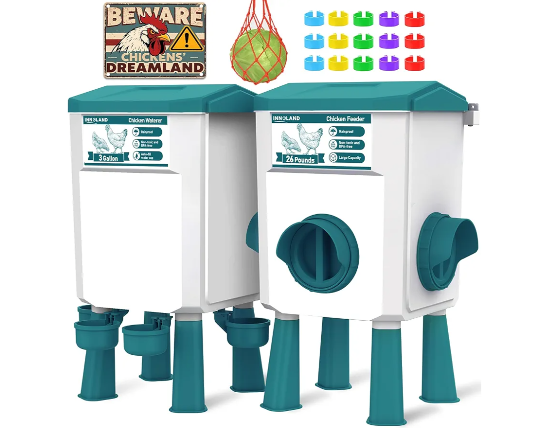 Chicken Feeder and Waterer Set - 3 Gallon/26.5 Pounds, Automatic Chicken Waterer with 4 Cups & 3 Feeder Ports, No Waste Poultry Feeder & Waterer, Chicken Coop Accessories for Hens/Ducks/Poultry