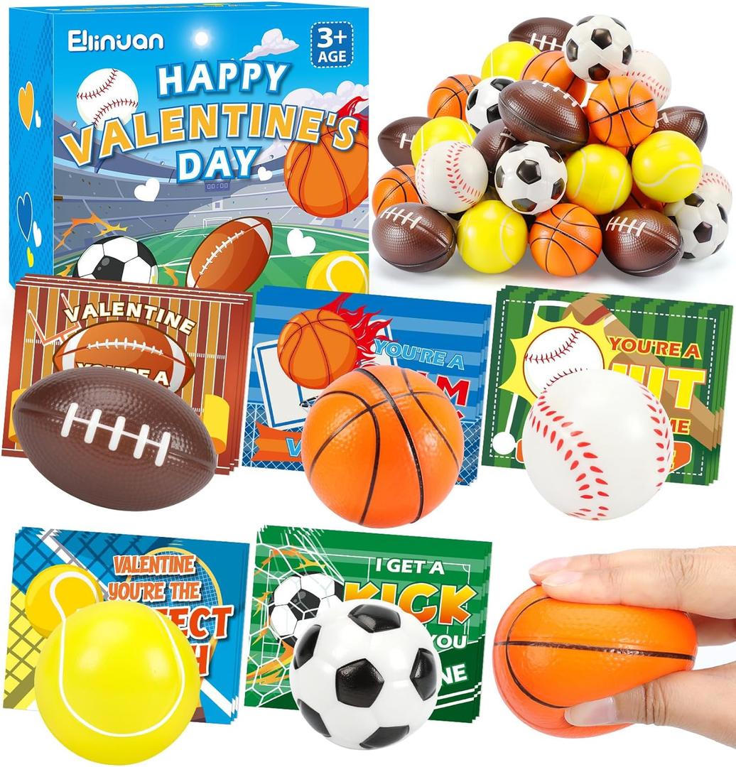 Ellinjan 30 Pack Valentine Cards for Kids Classroom with Sports Squeeze Balls Bulk, Fun Valentine Classroom Gifts, Valentine Exchange for Boys Girls School Class Game Prizes Fidget Toys Party Favors