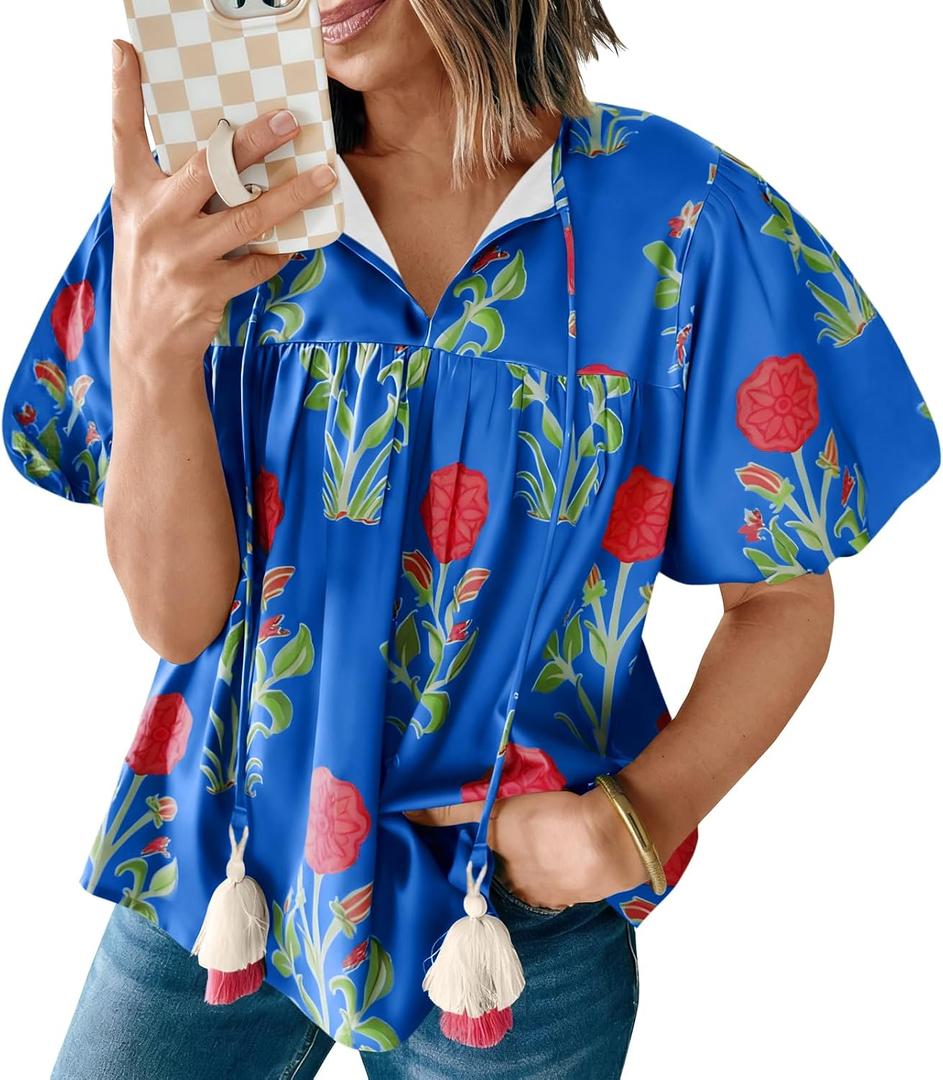 Cicy Bell Womens Boho Floral Blouses Short Puff Sleeve V Neck Babydoll Shirts Flowy Tie Front Tops Blue (L)