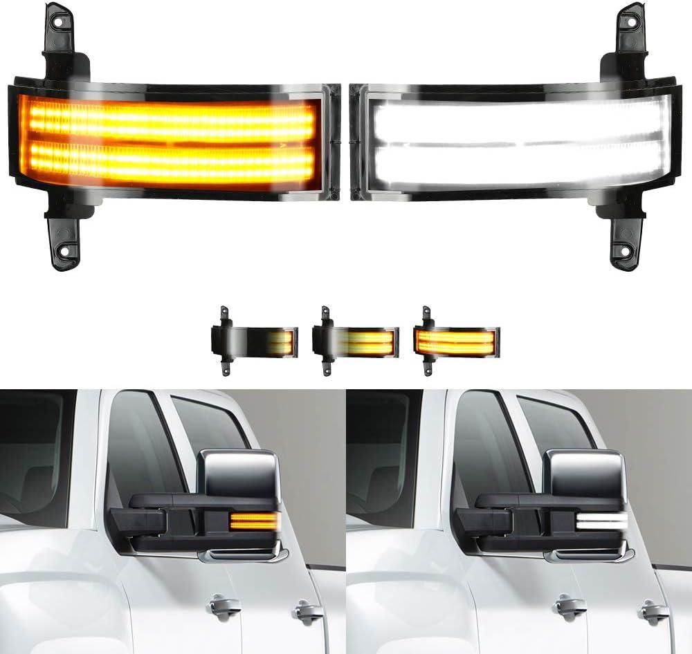 LED White & Dynamic Amber Side Tow Mirror Marker Light Sequential Turn Signal Lights for Third generation Silverado / Fourth generation Sierra (2014–2019), Smoke Lens