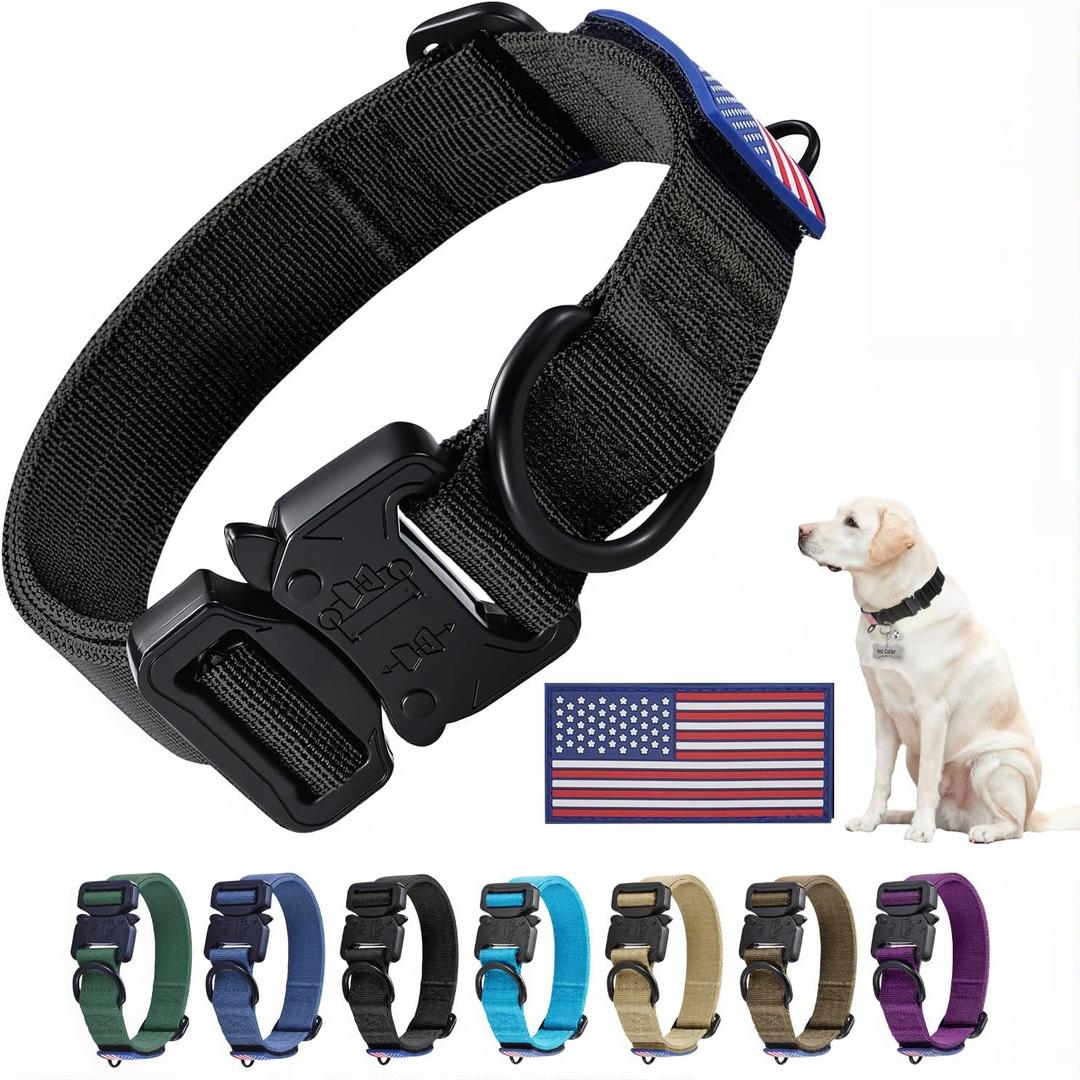 Heavy Duty Tactical Dog Collar Adjustable Nylon Pet Collars Quick Release Buckle with 2 D-Rings Patch for Medium, Large Dogs (Black, Size L) (Large:Width 1.5",Neck 19-28")
