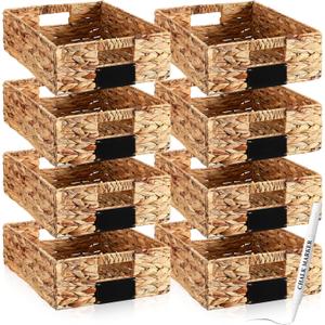 Nitial 8 Pcs 16 x 12 x 5 Inch Wicker Storage Basket, Rectangular Water Hyacinth Storage Baskets for Shelving, Foldable Woven Pantry Organizer with Chalkboard Label and Chalk Marker (Classic Color) (Natural)