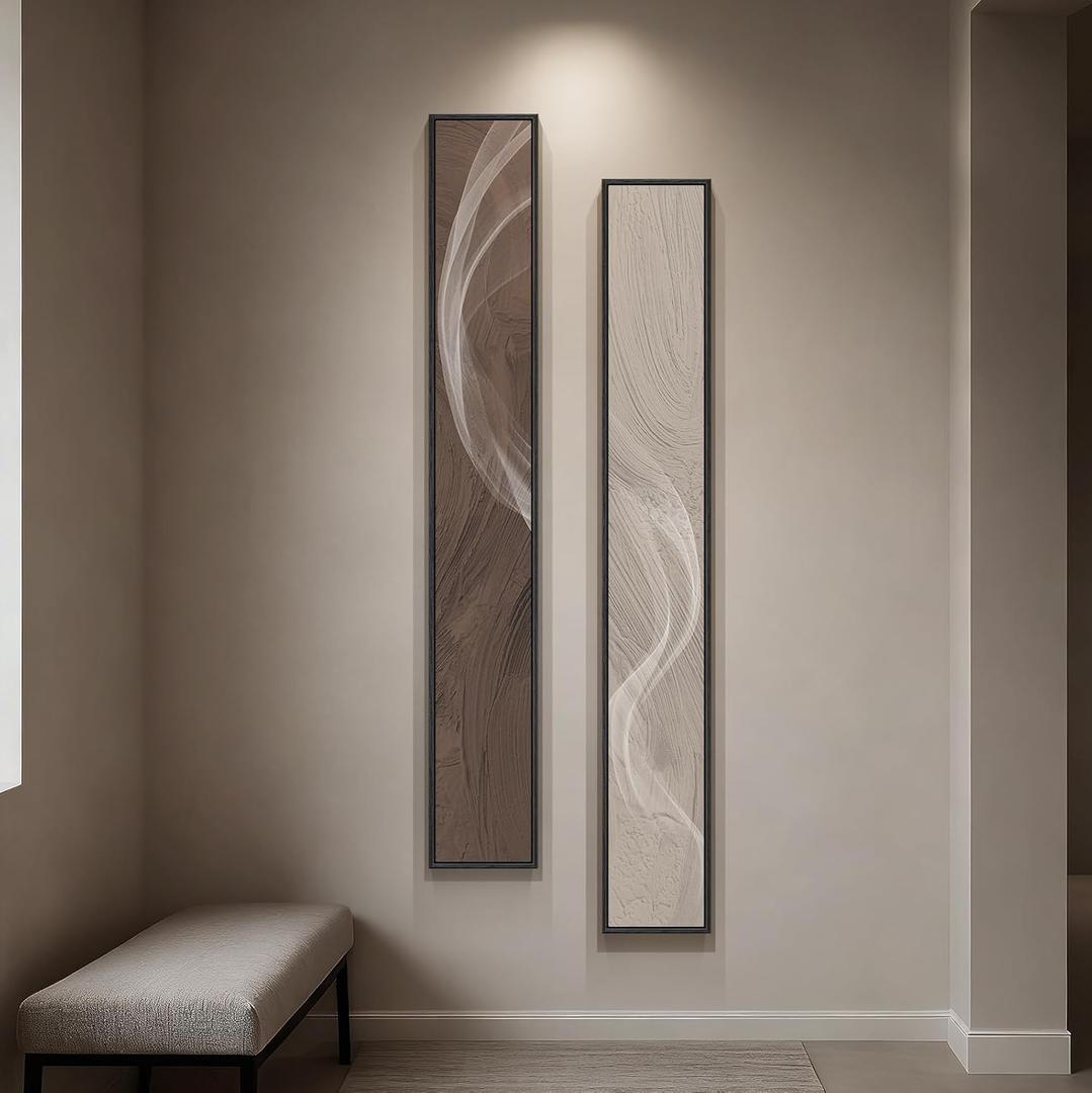 Large Framed Long Narrow Vertical Neutral Abstract Wall Art Set of 2, Beige Brown Modern Canvas Prints Paintings Artwork for Walls, Minimalist Pictures for Entryway Hallway Living Bedroom Wall Decor, 8" W X 56" H